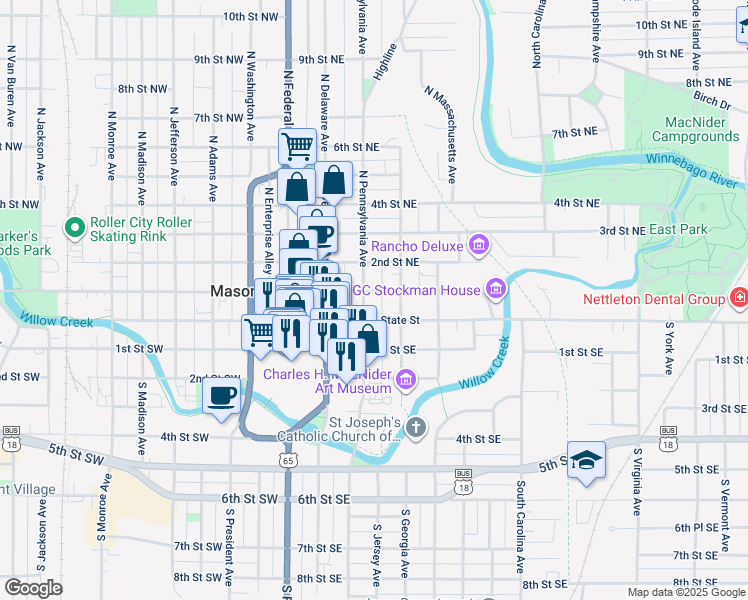 map of restaurants, bars, coffee shops, grocery stores, and more near 15 North Pennsylvania Avenue in Mason City
