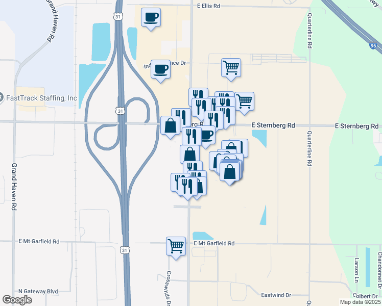 map of restaurants, bars, coffee shops, grocery stores, and more near 5500 Harvey Street in Muskegon