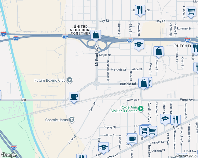 map of restaurants, bars, coffee shops, grocery stores, and more near 336 Buffalo Road in Rochester