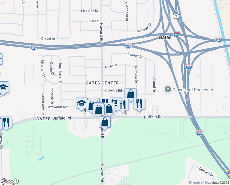 map of restaurants, bars, coffee shops, grocery stores, and more near 49 Colwick Road in Rochester
