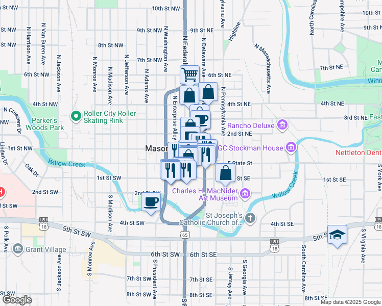 map of restaurants, bars, coffee shops, grocery stores, and more near 17 North Federal Avenue in Mason City
