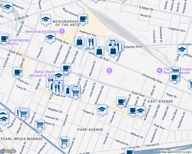 map of restaurants, bars, coffee shops, grocery stores, and more near 820 East Avenue in Rochester