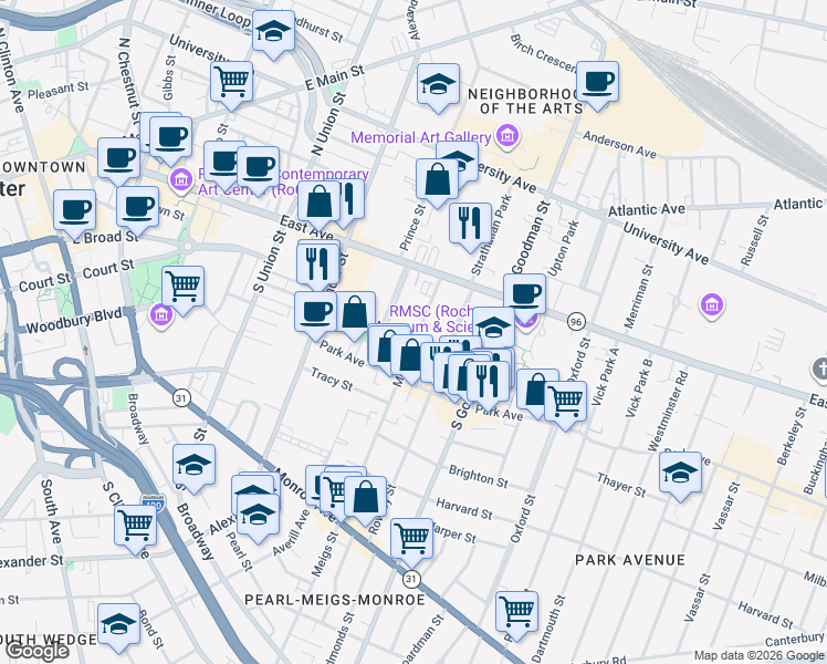 map of restaurants, bars, coffee shops, grocery stores, and more near 85 Meigs Street in Rochester