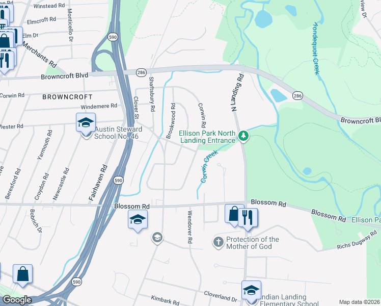 map of restaurants, bars, coffee shops, grocery stores, and more near 190 Coniston Drive in Rochester
