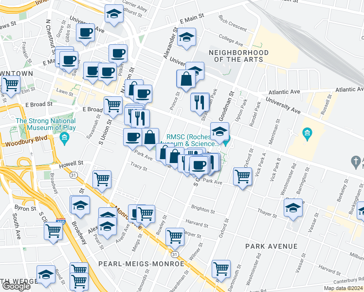 map of restaurants, bars, coffee shops, grocery stores, and more near 105 Meigs Street in Rochester