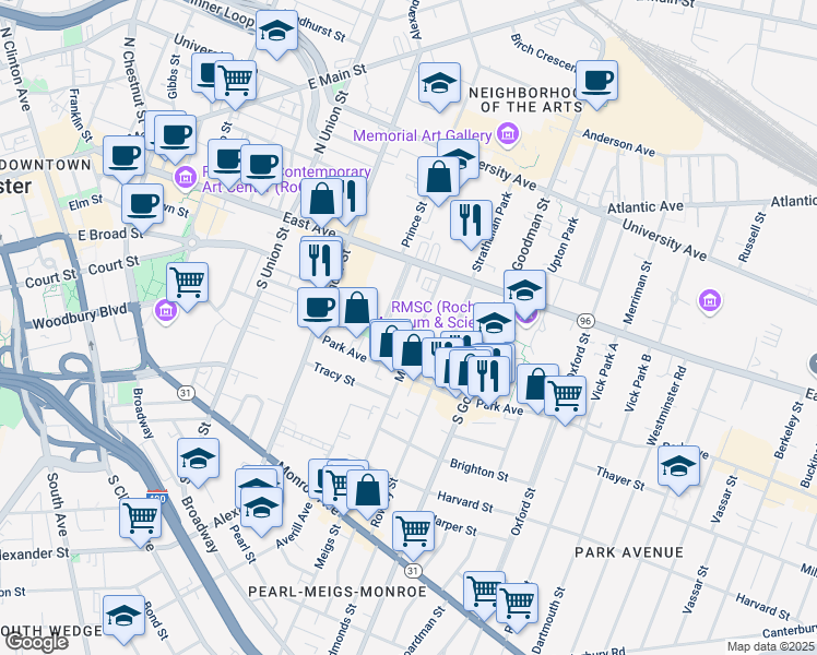 map of restaurants, bars, coffee shops, grocery stores, and more near 105 Meigs Street in Rochester