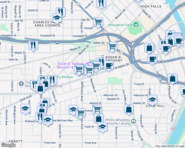 map of restaurants, bars, coffee shops, grocery stores, and more near 526 West Main Street in Rochester