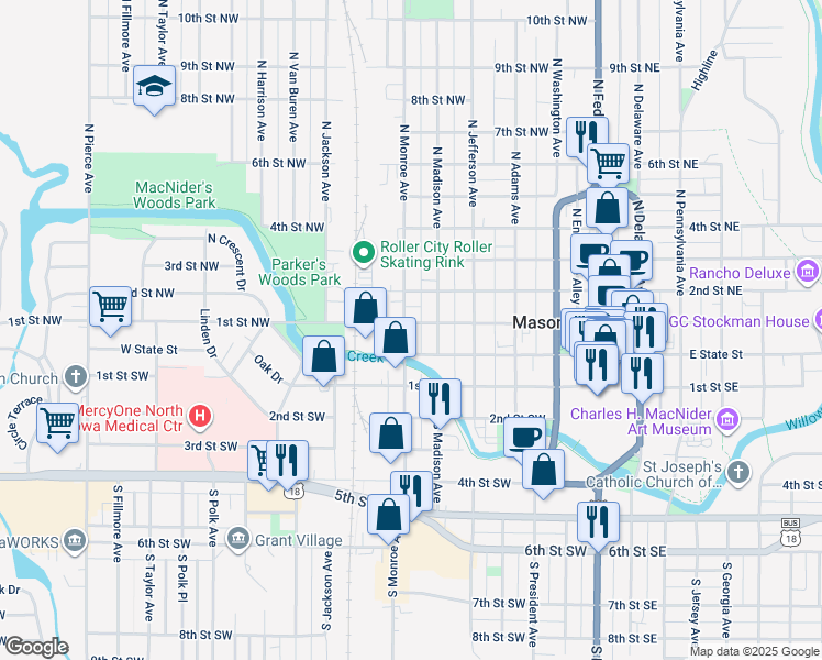 map of restaurants, bars, coffee shops, grocery stores, and more near 3 North Monroe Avenue in Mason City