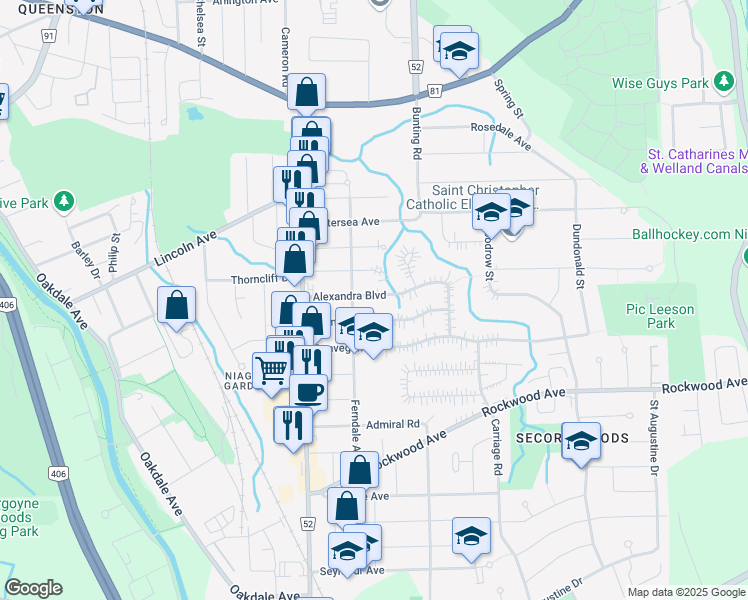map of restaurants, bars, coffee shops, grocery stores, and more near 38 Alexandra Boulevard in St. Catharines