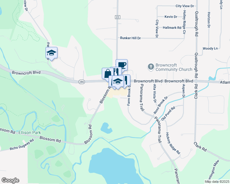 map of restaurants, bars, coffee shops, grocery stores, and more near 2505 Browncroft Boulevard in Rochester