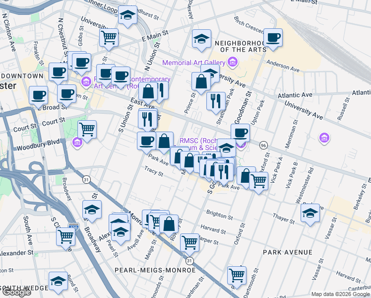 map of restaurants, bars, coffee shops, grocery stores, and more near 105 Meigs Street in Rochester
