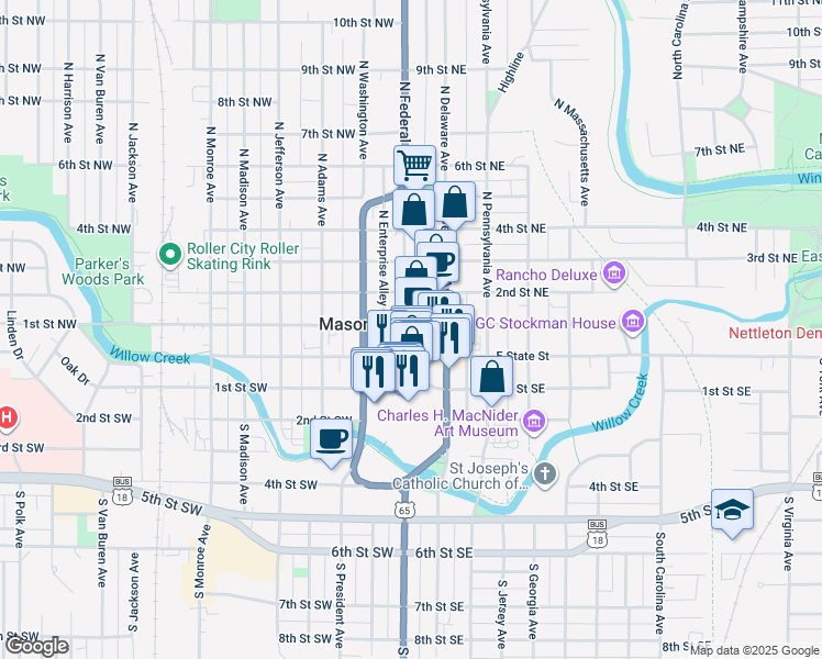 map of restaurants, bars, coffee shops, grocery stores, and more near in Mason City