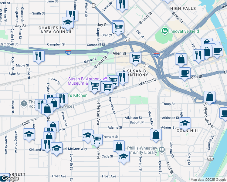 map of restaurants, bars, coffee shops, grocery stores, and more near 526 West Main Street in Rochester