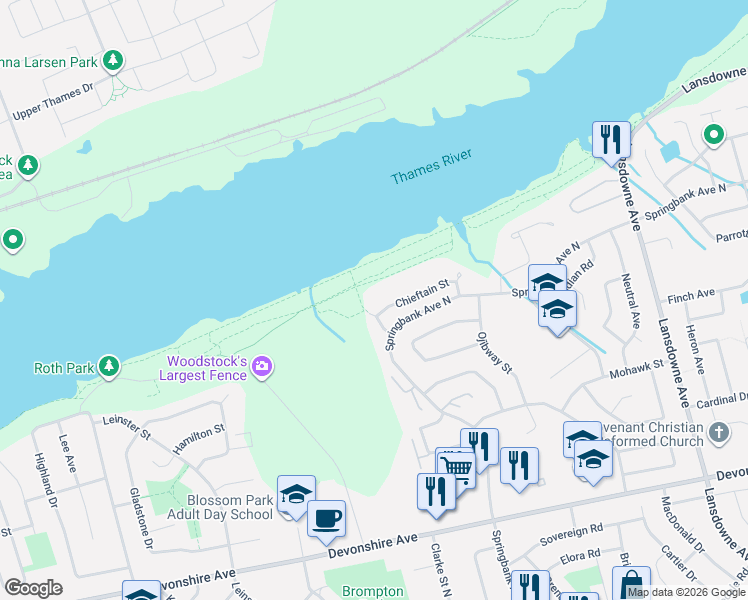 map of restaurants, bars, coffee shops, grocery stores, and more near 900 Chieftain Street in Woodstock