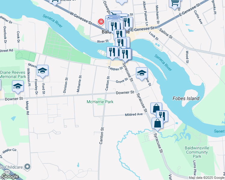 map of restaurants, bars, coffee shops, grocery stores, and more near 45 Downer Street in Baldwinsville