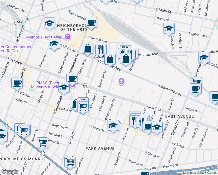 map of restaurants, bars, coffee shops, grocery stores, and more near 850 East Avenue in Rochester