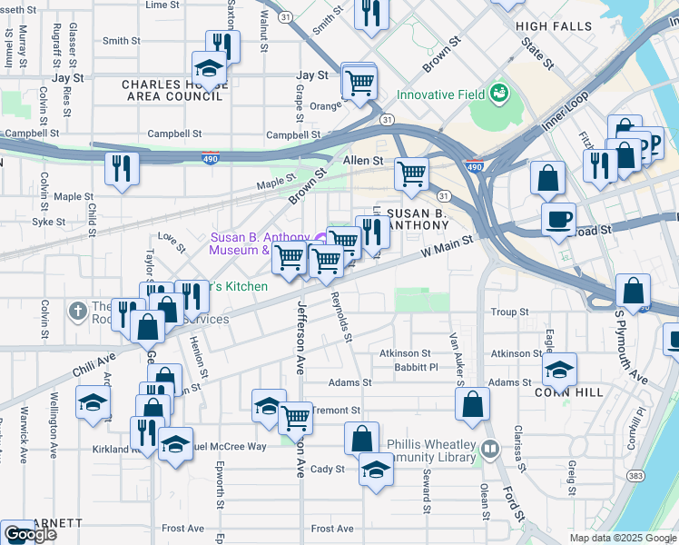 map of restaurants, bars, coffee shops, grocery stores, and more near 526 West Main Street in Rochester