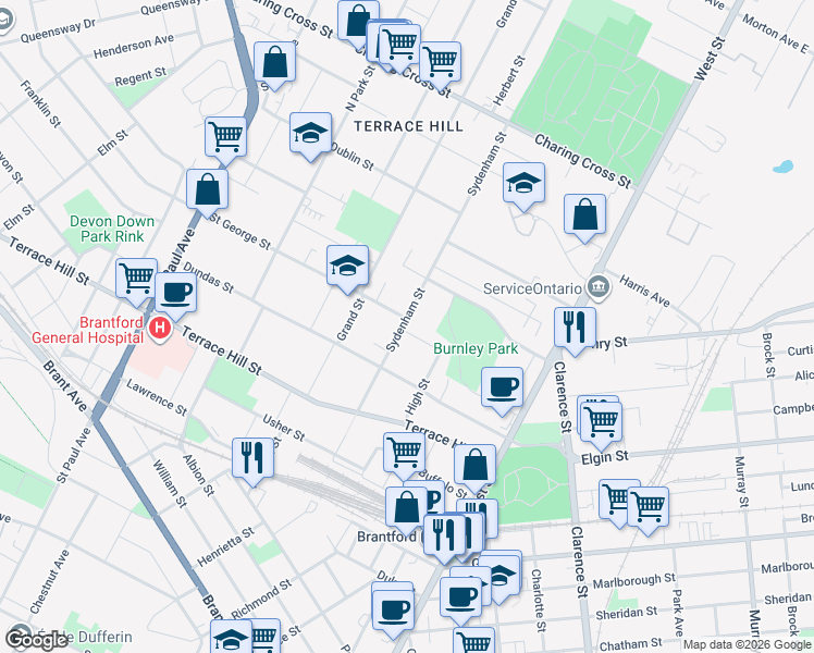 map of restaurants, bars, coffee shops, grocery stores, and more near 135 Sydenham Street in Brantford