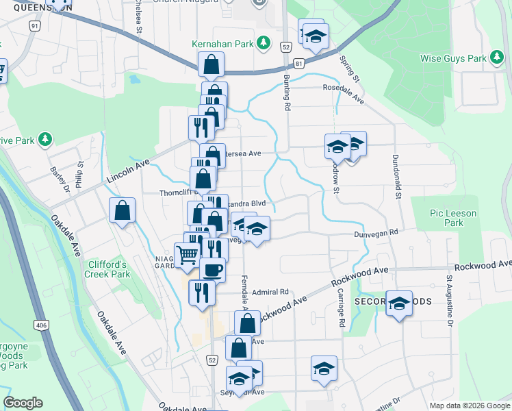 map of restaurants, bars, coffee shops, grocery stores, and more near 25 Burness Drive in St. Catharines