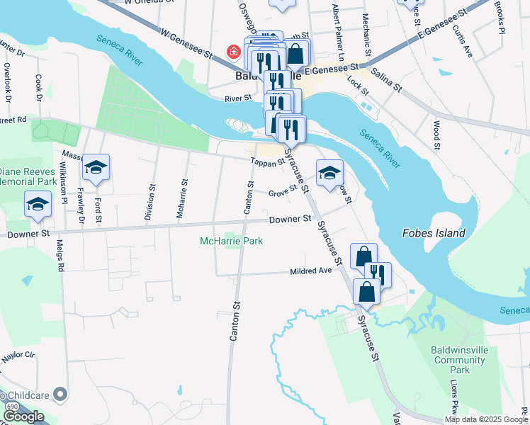 map of restaurants, bars, coffee shops, grocery stores, and more near 45 Downer Street in Baldwinsville