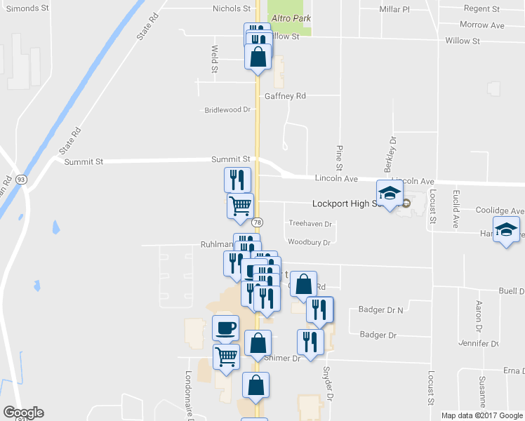 map of restaurants, bars, coffee shops, grocery stores, and more near 526 South Transit Street in Lockport
