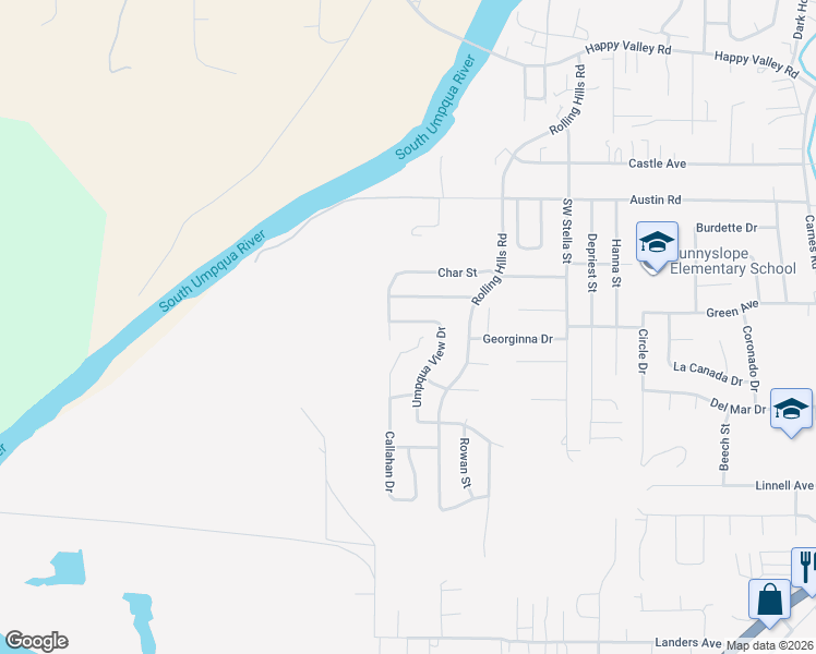 map of restaurants, bars, coffee shops, grocery stores, and more near 125 Umpqua View Drive in Roseburg