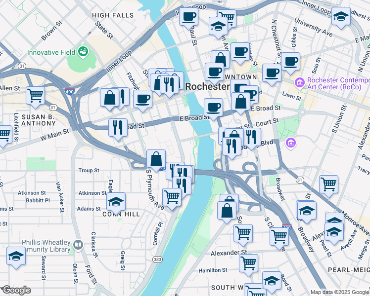 map of restaurants, bars, coffee shops, grocery stores, and more near 185 Exchange Boulevard in Rochester