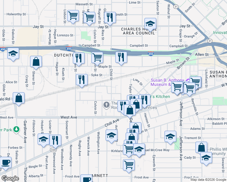 map of restaurants, bars, coffee shops, grocery stores, and more near 28 Danforth Street in Rochester