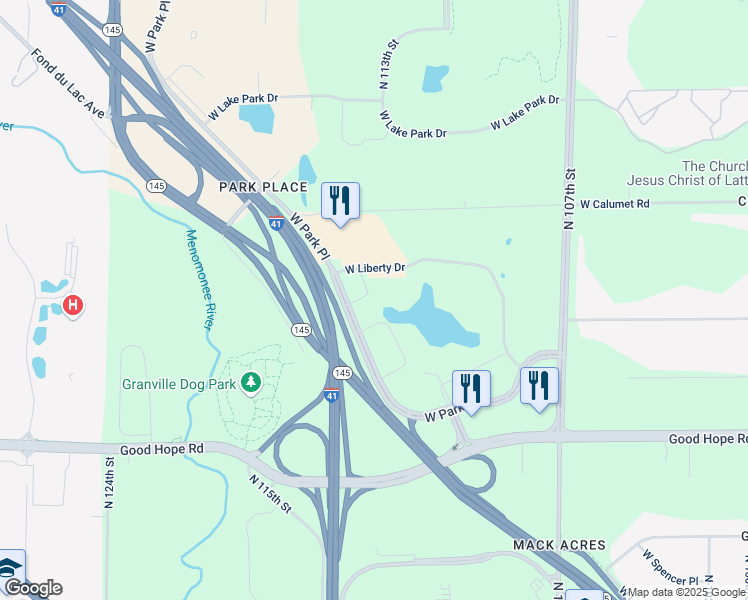 map of restaurants, bars, coffee shops, grocery stores, and more near 11414 West Park Place in Milwaukee