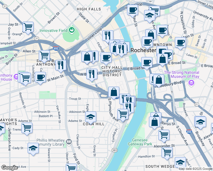 map of restaurants, bars, coffee shops, grocery stores, and more near 130 Plymouth Avenue South in Rochester