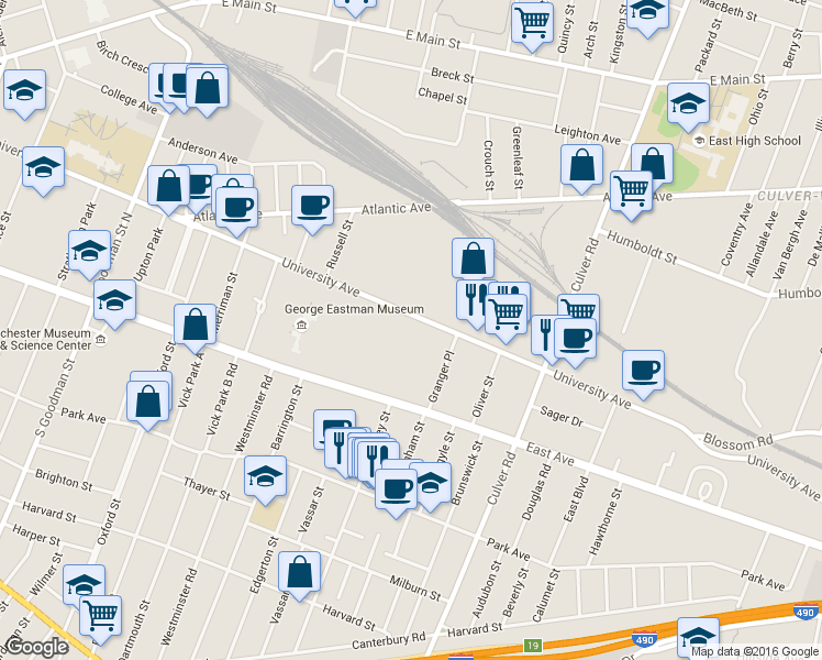 map of restaurants, bars, coffee shops, grocery stores, and more near 1035 University Avenue in Rochester