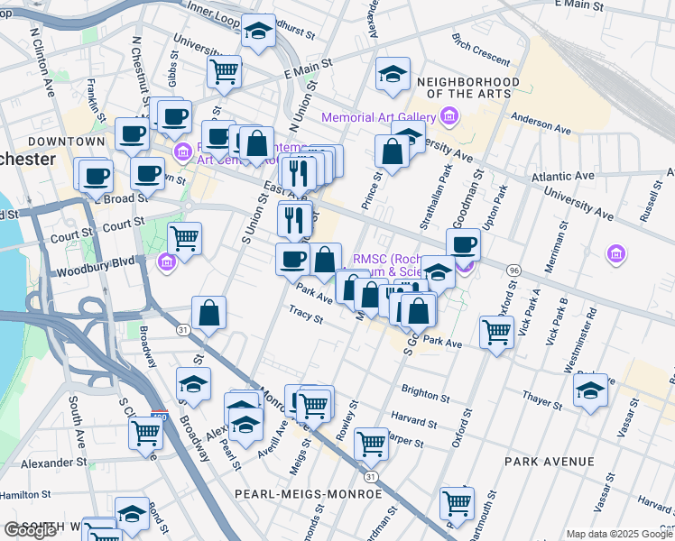map of restaurants, bars, coffee shops, grocery stores, and more near 74 Park Avenue in Rochester
