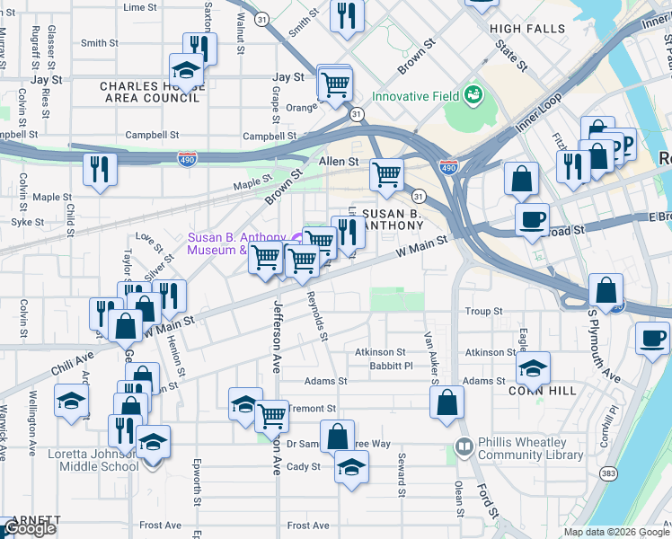 map of restaurants, bars, coffee shops, grocery stores, and more near 526 West Main Street in Rochester