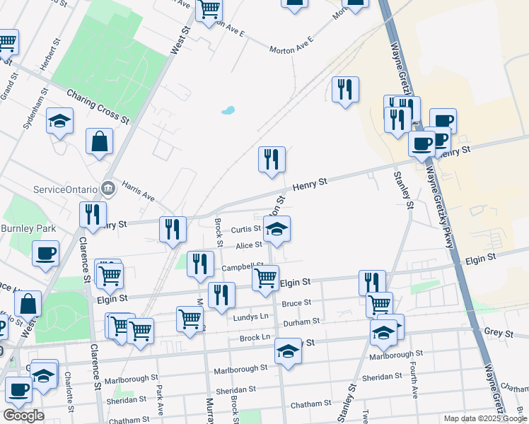 map of restaurants, bars, coffee shops, grocery stores, and more near 60 Curtis Street in Brantford