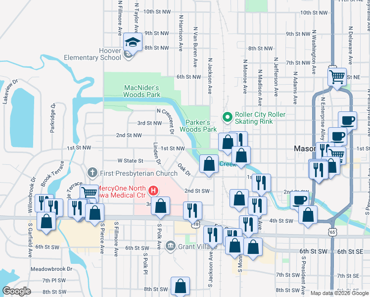 map of restaurants, bars, coffee shops, grocery stores, and more near 98 Crescent Drive in Mason City