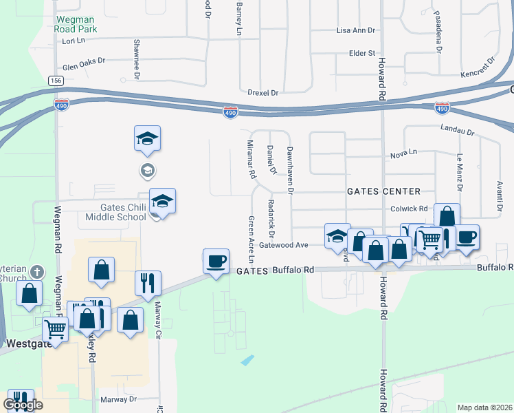 map of restaurants, bars, coffee shops, grocery stores, and more near 9 Radarick Drive in Rochester