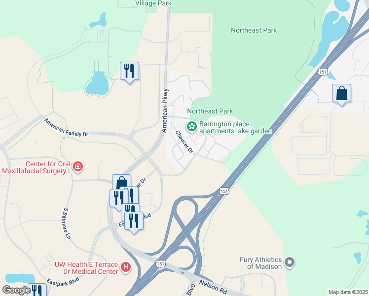 map of restaurants, bars, coffee shops, grocery stores, and more near 5111 Brookfield Parkway in Madison