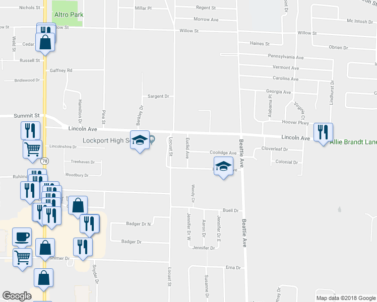 map of restaurants, bars, coffee shops, grocery stores, and more near 1 Coolidge Avenue in Lockport