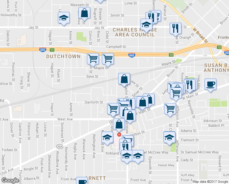 map of restaurants, bars, coffee shops, grocery stores, and more near 171 York Street in Rochester