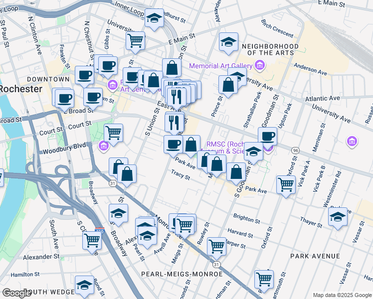 map of restaurants, bars, coffee shops, grocery stores, and more near 286 Alexander Street in Rochester