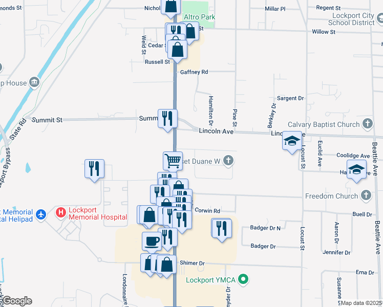 map of restaurants, bars, coffee shops, grocery stores, and more near 5 Lincolnshire Drive in Lockport