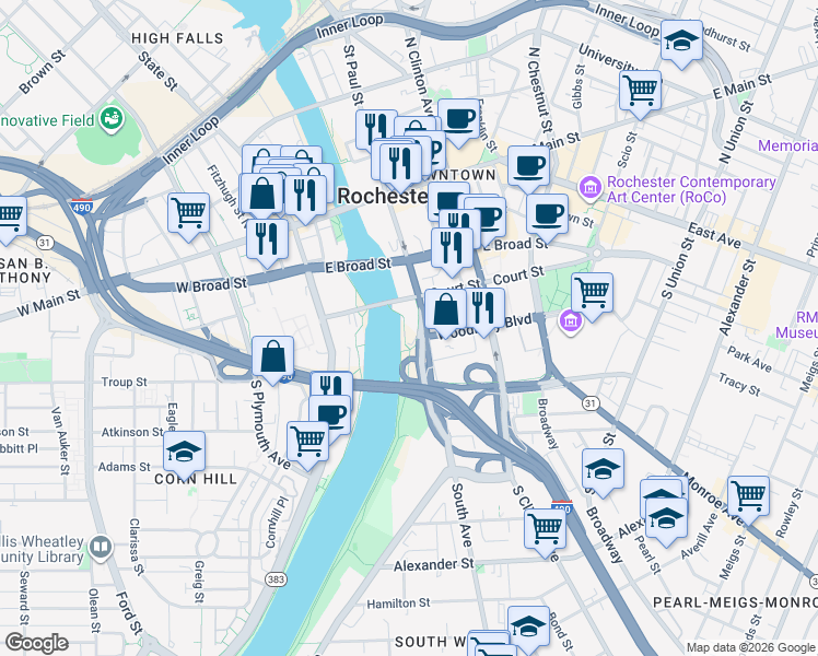 map of restaurants, bars, coffee shops, grocery stores, and more near 99 Court Street in Rochester