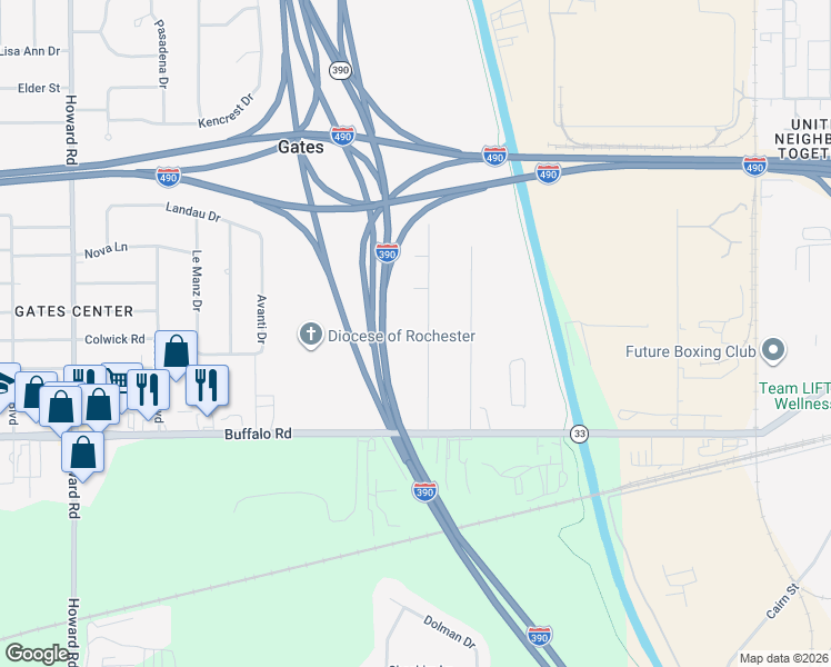 map of restaurants, bars, coffee shops, grocery stores, and more near 193 Dearcop Drive in Rochester