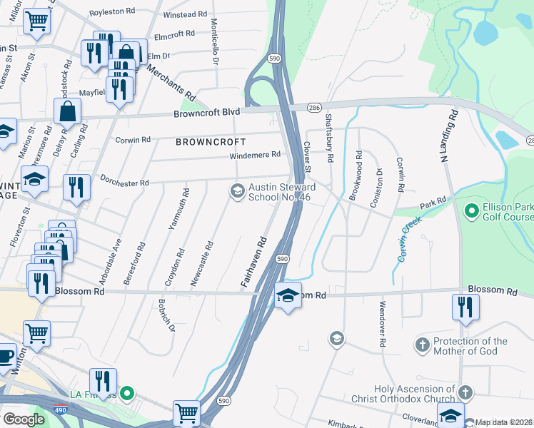 map of restaurants, bars, coffee shops, grocery stores, and more near 49 Fairhaven Road in Rochester