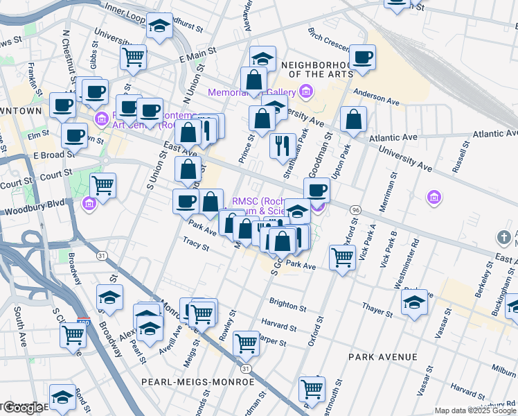 map of restaurants, bars, coffee shops, grocery stores, and more near in Rochester