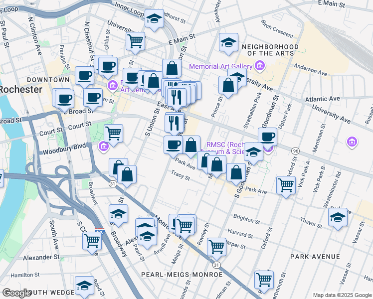 map of restaurants, bars, coffee shops, grocery stores, and more near 286 Alexander Street in Rochester