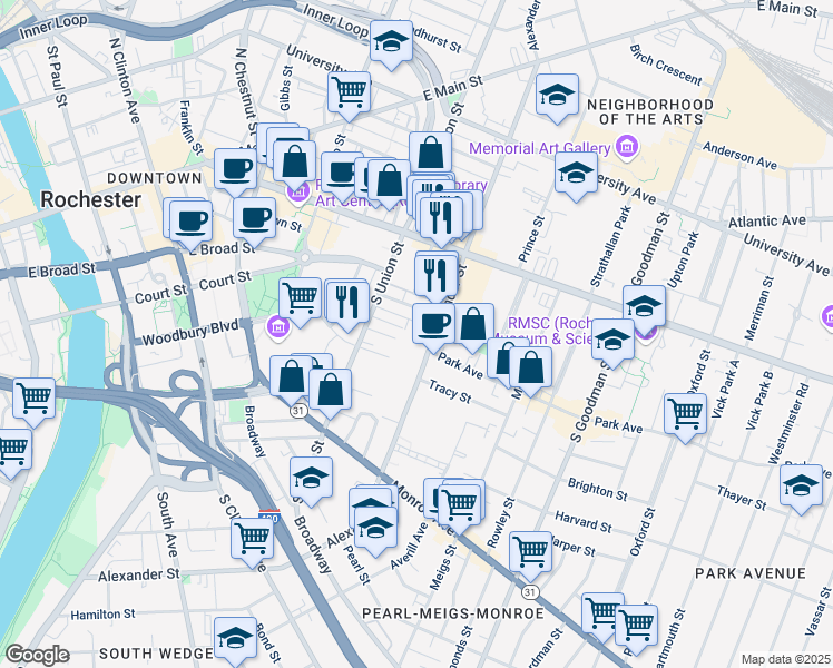 map of restaurants, bars, coffee shops, grocery stores, and more near 49e Gardiner Park in Rochester
