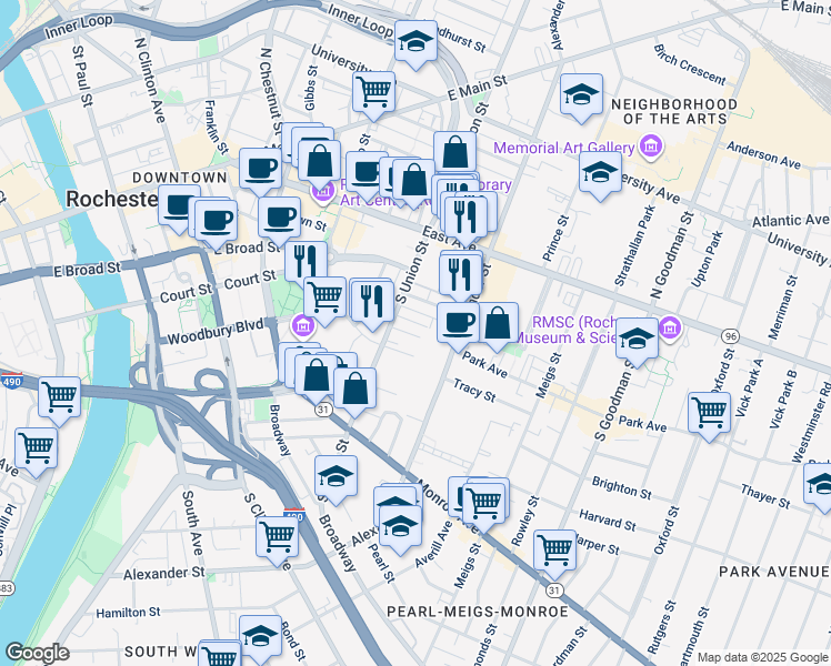 map of restaurants, bars, coffee shops, grocery stores, and more near 49 South Union Street in Rochester