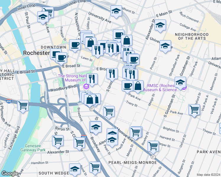 map of restaurants, bars, coffee shops, grocery stores, and more near 49 South Union Street in Rochester