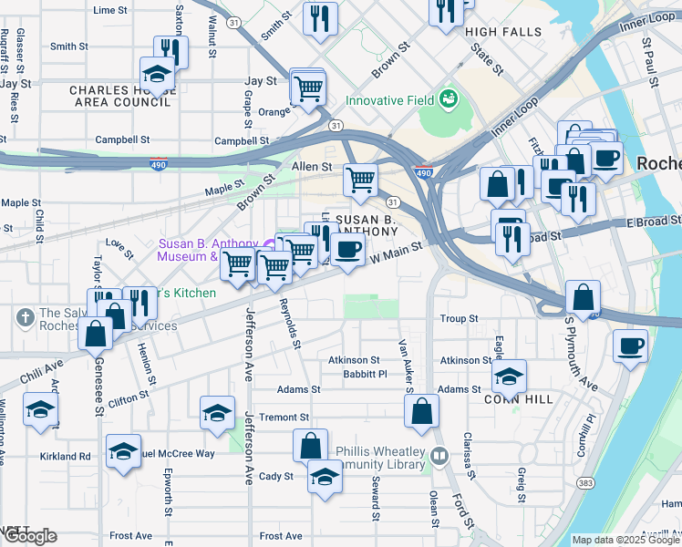 map of restaurants, bars, coffee shops, grocery stores, and more near 20 Litchfield Street in Rochester